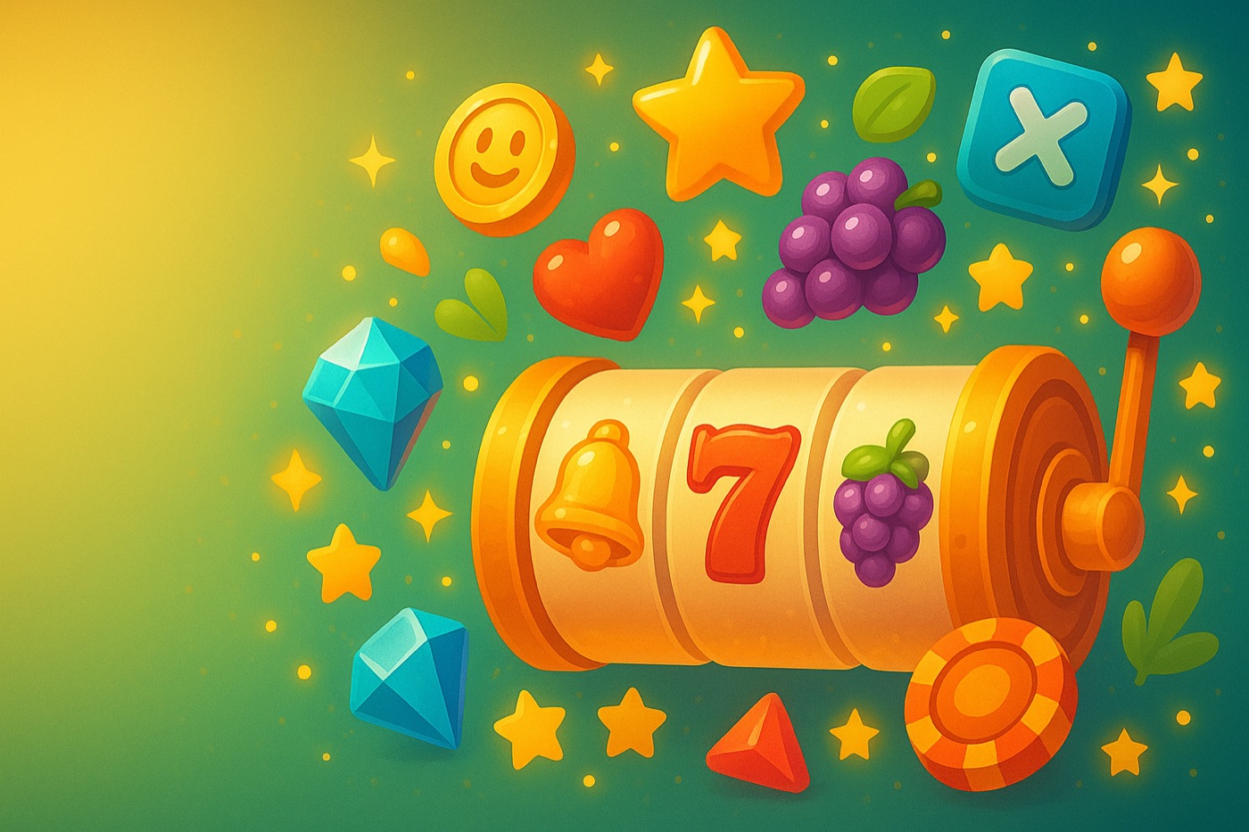 Colourful social game reel with symbols, gems and stars